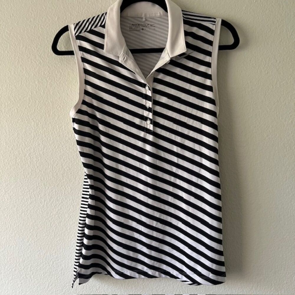 Nike Sleeveless Golf Polo Shirt Black and White Stripes Size S